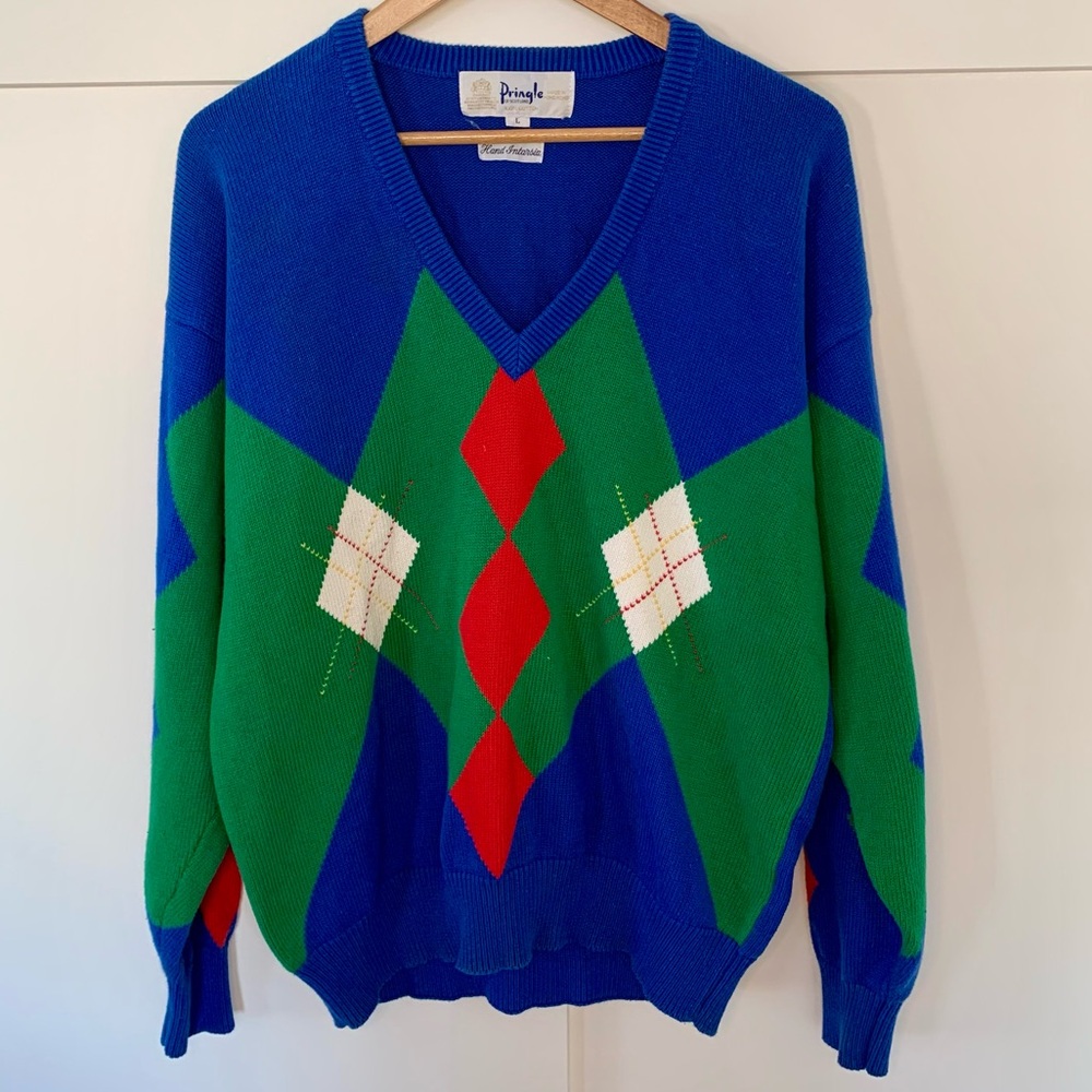 Vintage Pringle of Scotland blue, green argyle v-neck cotton sweater